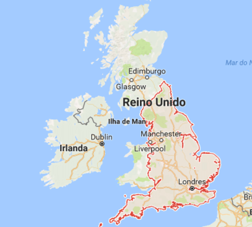 Inglaterra no mapa. Google Maps