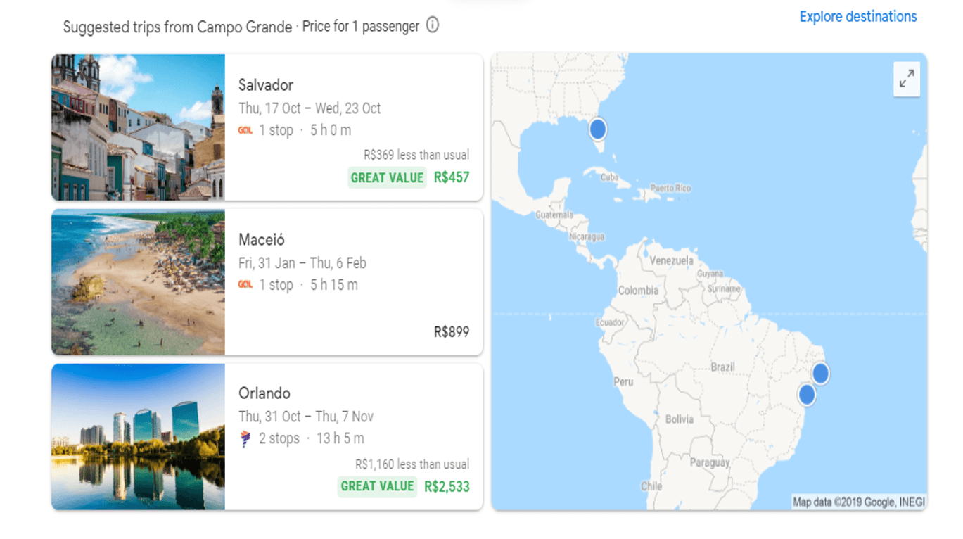 Mapa de destinos do Google Flights